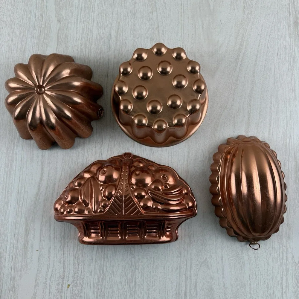 4 Vtg Copper Aluminum Jello Cake Molds Wall Hanging Fruit Basket Bunt Hobnail